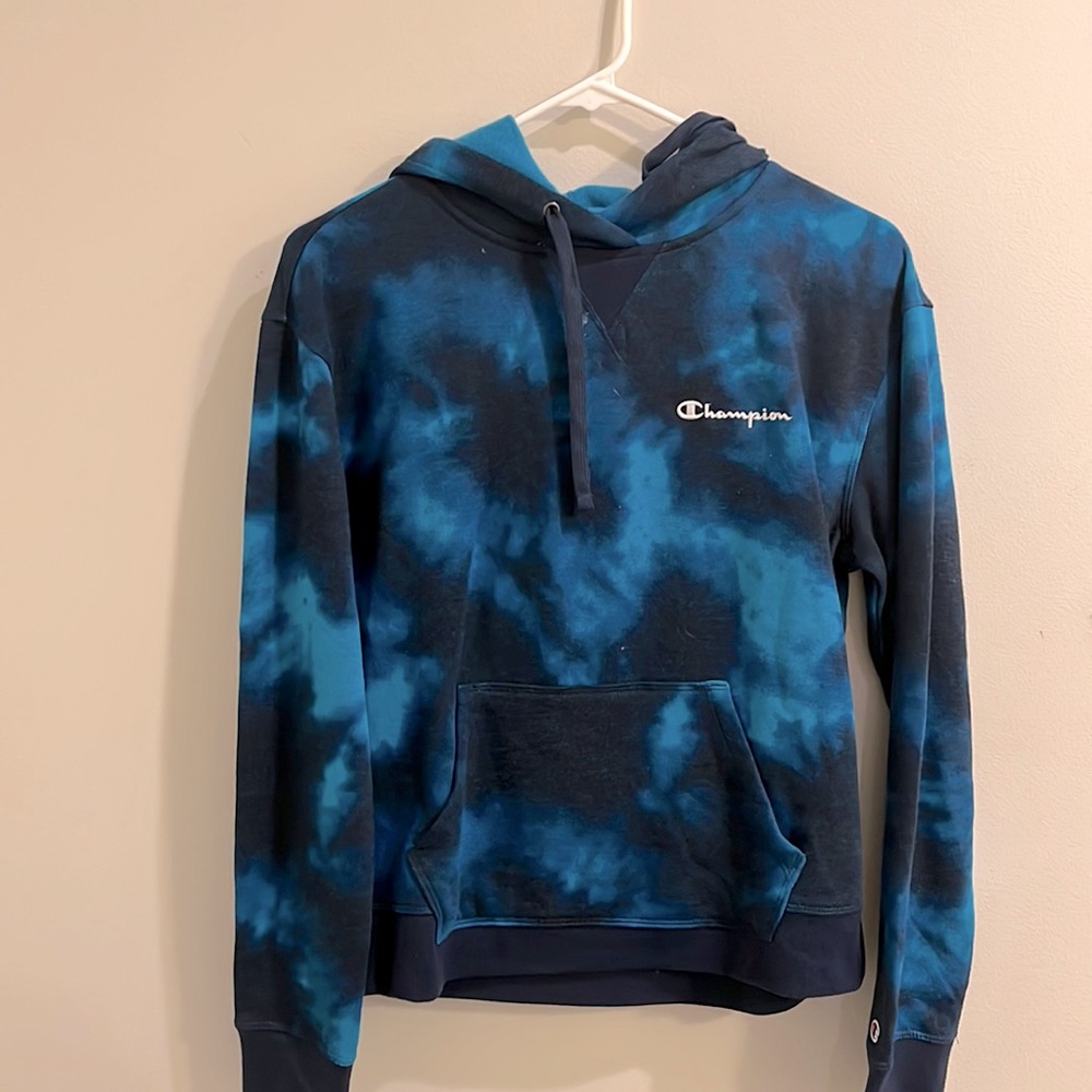 Champion hoodie, blue tie dye hoodie, basic hoodie, blue sweatshirt, tie dye